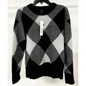 AQUA CASHMERE Argyle Pattern Sweater Black Ivory 100% Cashmere Size XS New